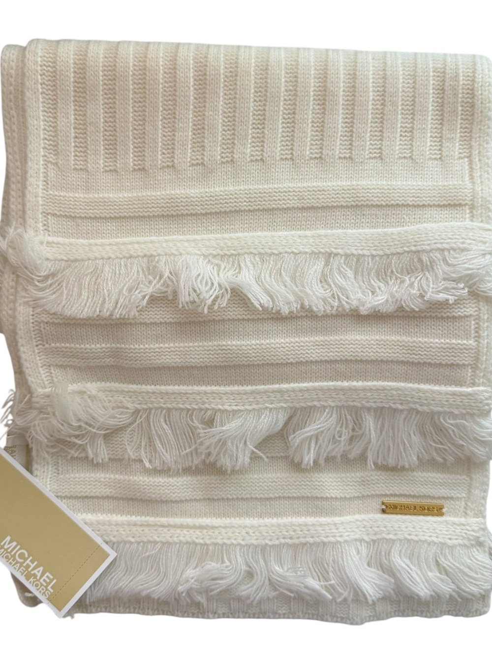 MICHAEL KORS Rib Fringe Muffler Scarf Cream Knit NWT